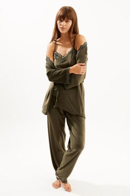 Ecrou Kadın Haki Soft Kadife Truvakar Kol İp Askılı Pantolon 3 Lü Pijama Takım