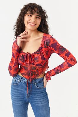 Ecrou Kadın Kırmızı Önü Drapeli Altı Tül Detay Crop Bluz