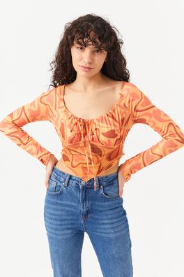 Ecrou Kadın Oranj Önü Drapeli Altı Tül Detay Crop Bluz