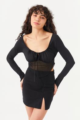 Ecrou Kadın Siyah Önü Drapeli Altı Tül Detay Crop Bluz
