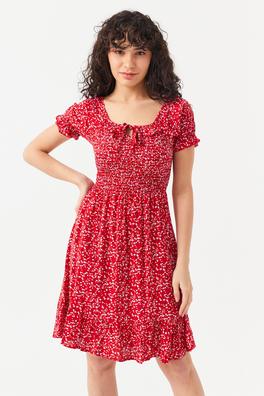 Ecrou Kadın Kırmızı Gipeli Çıtır Çiçek Desen Mini Elbise