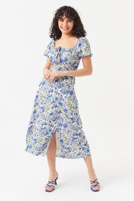 Ecrou Kadın Mavi Sırtı Gipeli Önü Bağcıklı Çiçek Desen Midi Elbise