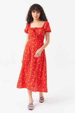 Ecrou Kadın Kırmızı Sırtı Gipeli Önü Bağcıklı Çiçek Desen Midi Elbise
