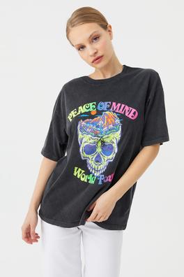 Ecrou Kadın Antrasit Peace Of Mind Baskılı Yıkamalı Oversize Tshirt