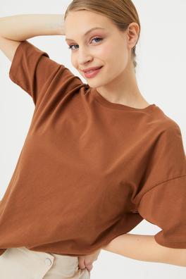 Ecrou Kadın Karamel Düşük Kol Oversize Basic Tshirt