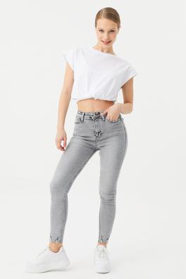 Ecrou Kadın Gri Paçası Lazer Kesim Skinny Jeans