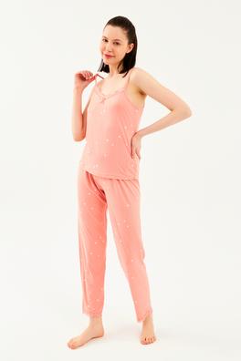 Ecrou Kadın Somon Ekru Yıldızlı İp Askı Dantelli 2Li Pijama Takım